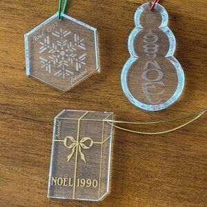 Baccarat Crystal Ornaments Lot of 3: 1989 Snowman, 1990 Gift Box, 1991 Snowflake